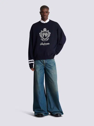 Balmain College Emblem Knit Jumper In Blue