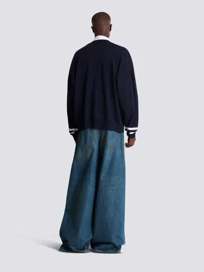 Balmain College Emblem Knit Jumper In Blue