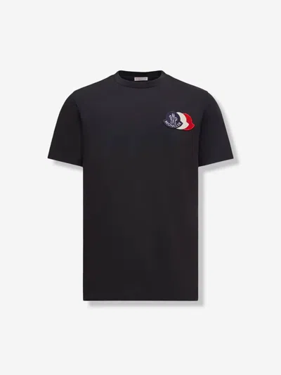 Moncler Blue T-shirt With Embroidered Tricolor Logo In Black