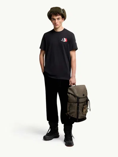 Moncler Blue T-shirt With Embroidered Tricolor Logo In Black