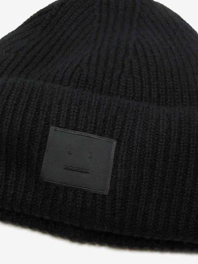 Acne Studios Casual Ribbed Knit Hat With Face Patch In Black