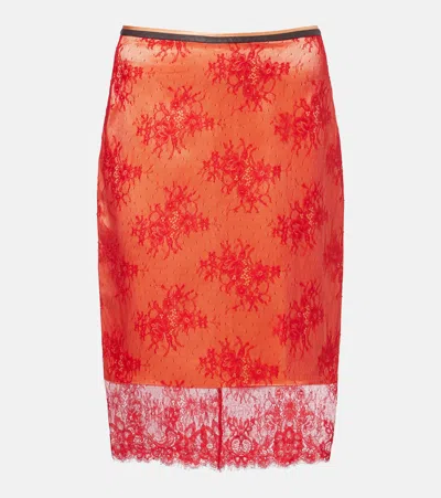 Jacques Wei Embroidered Leather-trimmed Lace Midi Skirt In Multi