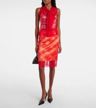 Jacques Wei Embroidered Leather-trimmed Lace Midi Skirt In Multi