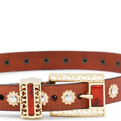 Golden Goose Belt With Amber Inserts Leather Body With Metallic Gold Flower Details Belts Brown In Red
