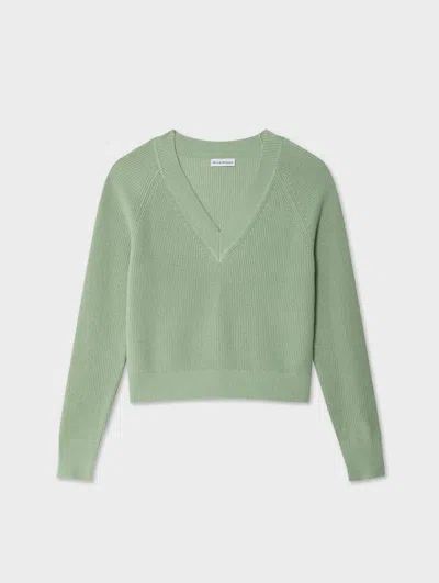 White & Warren Fine Cotton Blend Ribbed V Neck Sweater In Sage In Gray