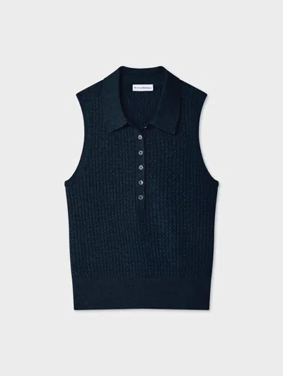 White & Warren Cashmere Cable Sleeveless Polo Sweater In Navy In Blue