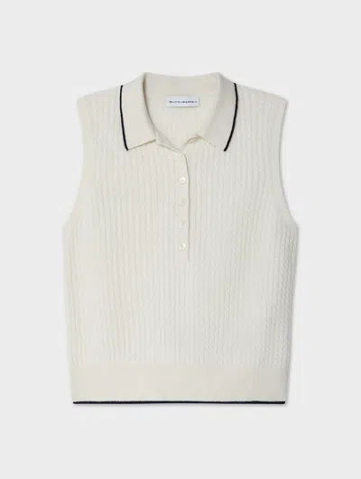 White & Warren Cashmere Cable Sleeveless Polo Sweater In White In White