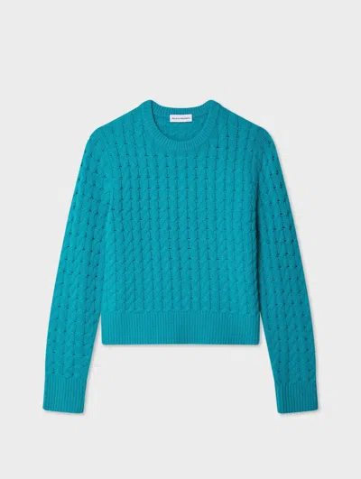 White & Warren Cashmere Cable Crewneck Top In Turquoise Sea In Blue