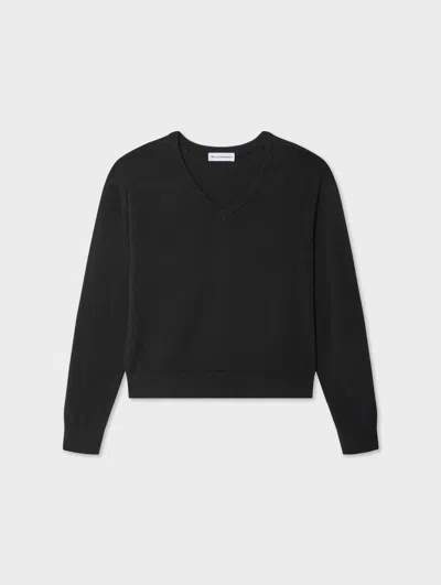 White + Warren White & Warren Linen Blend Rib Trim V Neck In Black