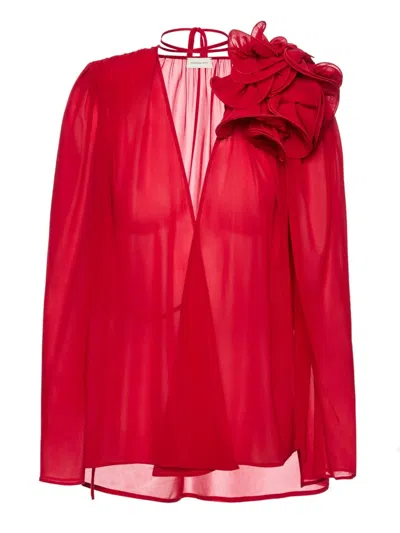 Magda Butrym Sheer Blouse With Oversized Floral Embellishment In Red