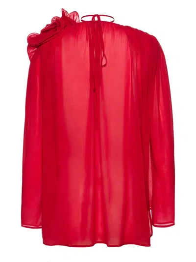 Magda Butrym Sheer Blouse With Oversized Floral Embellishment In Red
