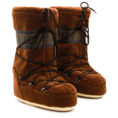 Moon Boot Icon Faux Leather-trimmed Fleece Snow Boots In Brown