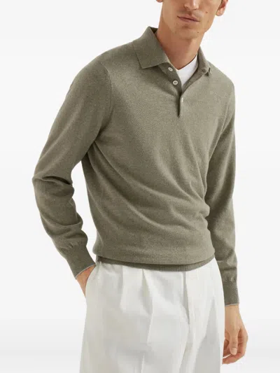 Brunello Cucinelli Cashmere Long Sleeve Polo Shirt In Gray