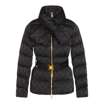Elisabetta Franchi Jacquard Sail Fabric Down Jacket With Belt Clothing In Black
