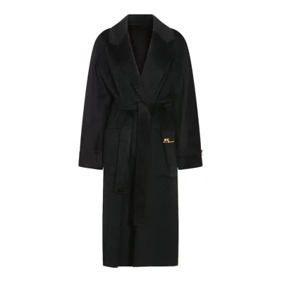 Elisabetta Franchi Black Coat With Notched Revers And Front Belt Closure In Wool Woman In Black