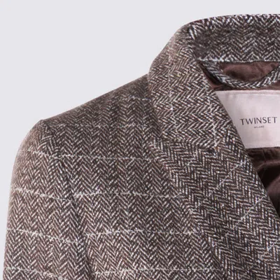 Twinset Herringbone Double-breasted Coat In Gray