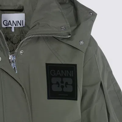 Ganni Military Green Nylon Down Jacket In Green