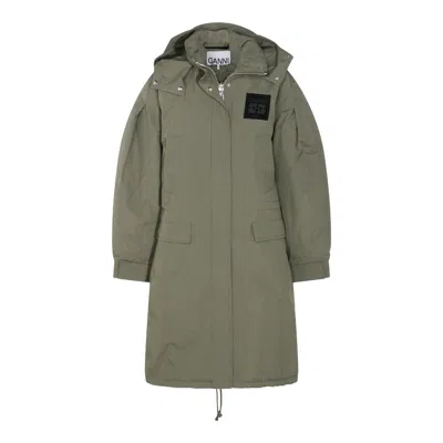 Ganni Military Green Nylon Down Jacket In Green