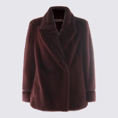 Twinset Violet Double-breasted Coat With Peak Revers In Ecofur Woman In Brown