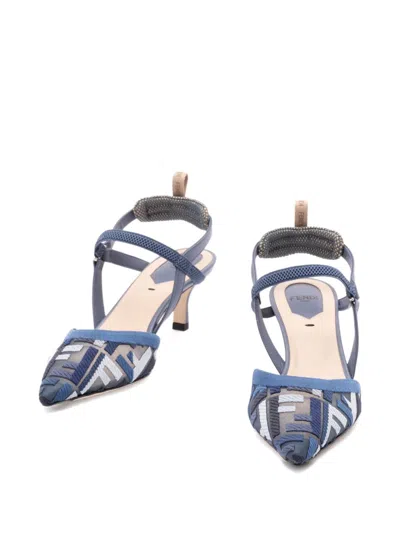 Fendi Dnu Inv  Ff Colibri Lite Medium Mesh & Leather Slingback Mule In Blue