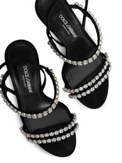 Dolce & Gabbana Satin Sandals Crystal Strap In Black
