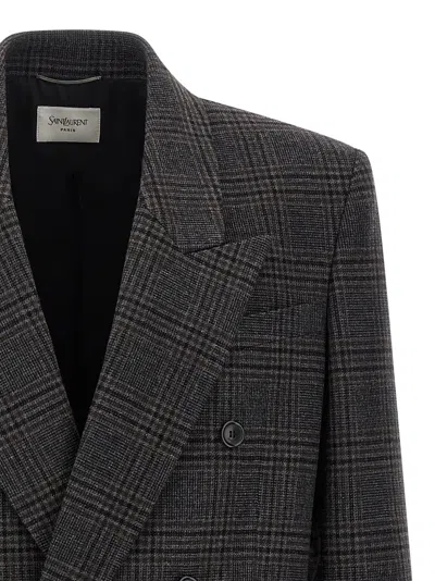 Saint Laurent Prince Of Wales-check Double-breasted Blazer In Black