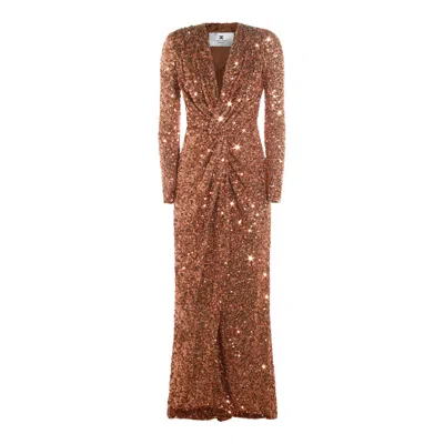 Elisabetta Franchi Sequin Embellished Maxi Dress V-neckline In Brown