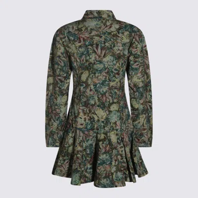Ganni Floral Long Sleeve Dress With Pleated Skirt In Green