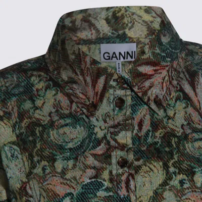 Ganni Floral Long Sleeve Dress With Pleated Skirt In Green