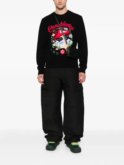 Casablanca Mushroom Embroidered Cotton Blend Sweater In Black