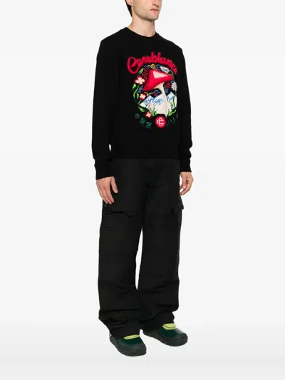 Casablanca Mushroom Embroidered Cotton Blend Sweater In Black