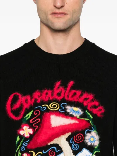 Casablanca Mushroom Embroidered Cotton Blend Sweater In Black