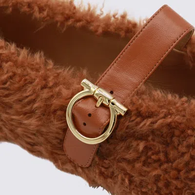 Ferragamo Ballerina Shoes With Buckle And Faux Fur In Brown