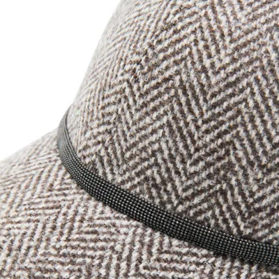 Brunello Cucinelli Bead-embellished Herringbone Wool-blend Tweed Cap In Brown