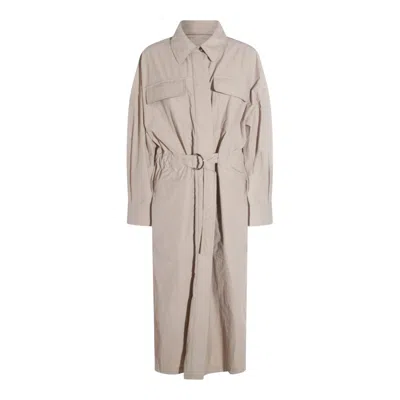 Brunello Cucinelli Long Jacket With Belted Waist And Pockets In Neutral