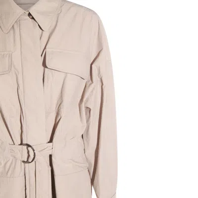 Brunello Cucinelli Long Jacket With Belted Waist And Pockets In Neutral