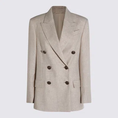 Brunello Cucinelli Beige Double-breasted Jacket With Notched Revers In Virgin Wool Blend Woman In Brown
