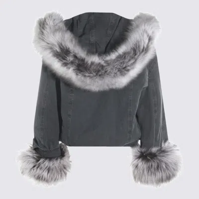 Blumarine Hooded Jacket With Faux Fur Trim In Gray