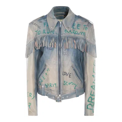 Golden Goose Full Zip Leather Jacket With Olimpia Lettering Detail In Blue
