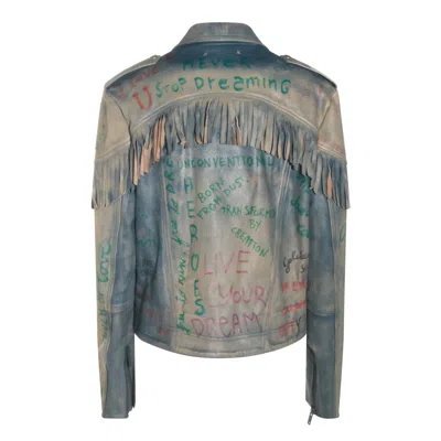 Golden Goose Full Zip Leather Jacket With Olimpia Lettering Detail In Blue