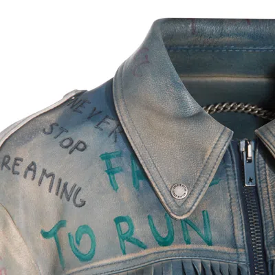 Golden Goose Full Zip Leather Jacket With Olimpia Lettering Detail In Blue