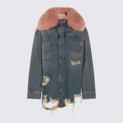 Blumarine Longline Jacket With Distressed Finish And Chest Pockets In Blue