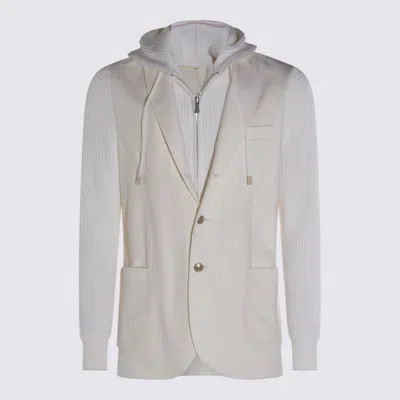 Eleventy Hooded Blazer With Front Pockets And Ribbed Sleeves In White