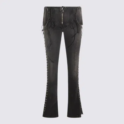 Blumarine Flared Hem Trousers With Lace-up And Frayed Edges In Black
