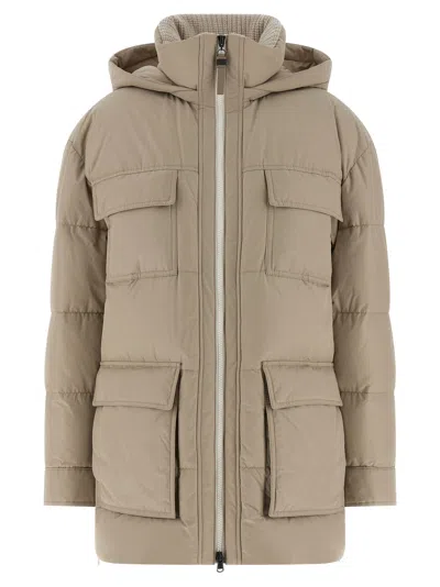 Brunello Cucinelli Knitted Neck Down Jacket Puffer Jackets Beige In Neutral