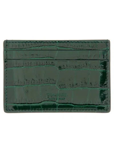 Tom Ford Leather Card Holder In Green