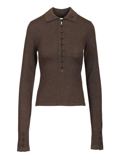 Jacquemus Long-sleeved Merino Wool Polo Shirt Knitwear Brown In Brown