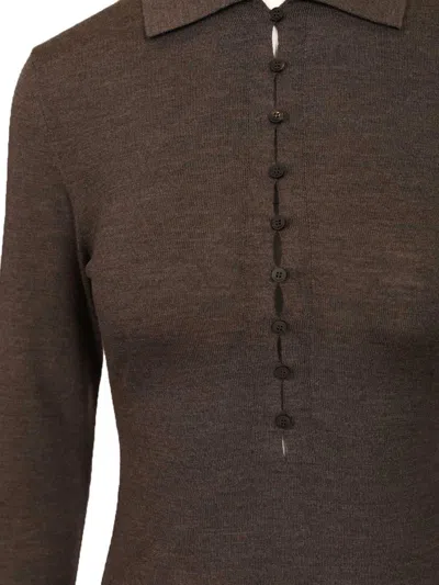 Jacquemus Long-sleeved Merino Wool Polo Shirt Knitwear Brown In Brown