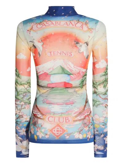 Casablanca High Neck Tulle Top With Multicolor Landscape Print In Blue