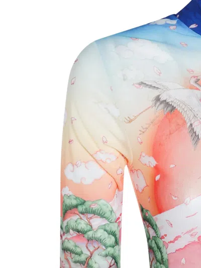 Casablanca High Neck Tulle Top With Multicolor Landscape Print In Blue